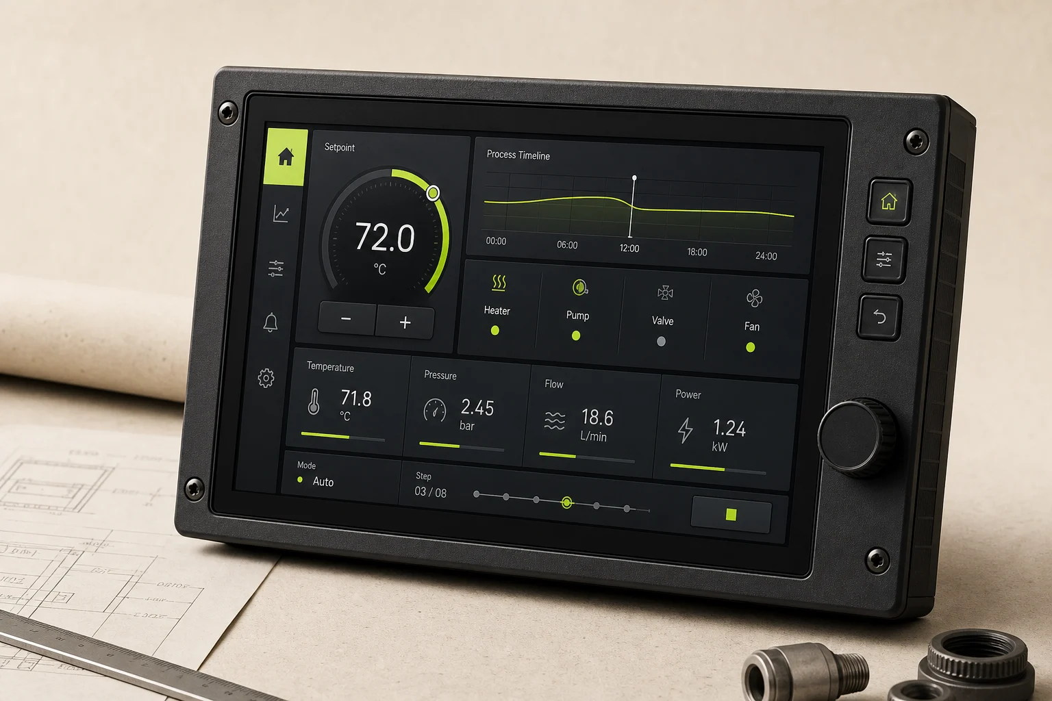 Embedded touchscreen displaying a graphite and signal-lime interface