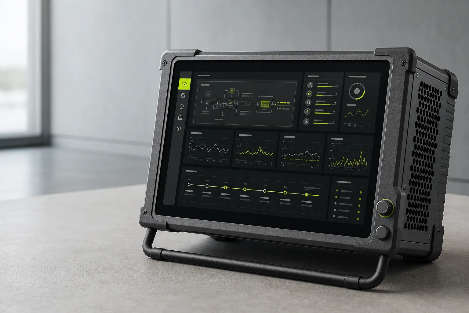 Original rugged equipment dashboard concept with multiple diagnostics views and lime data accents