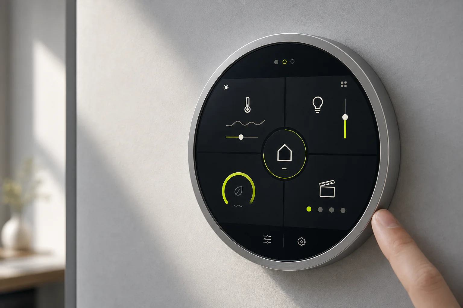 Original round smart home controller concept with a dark interface and lime accents