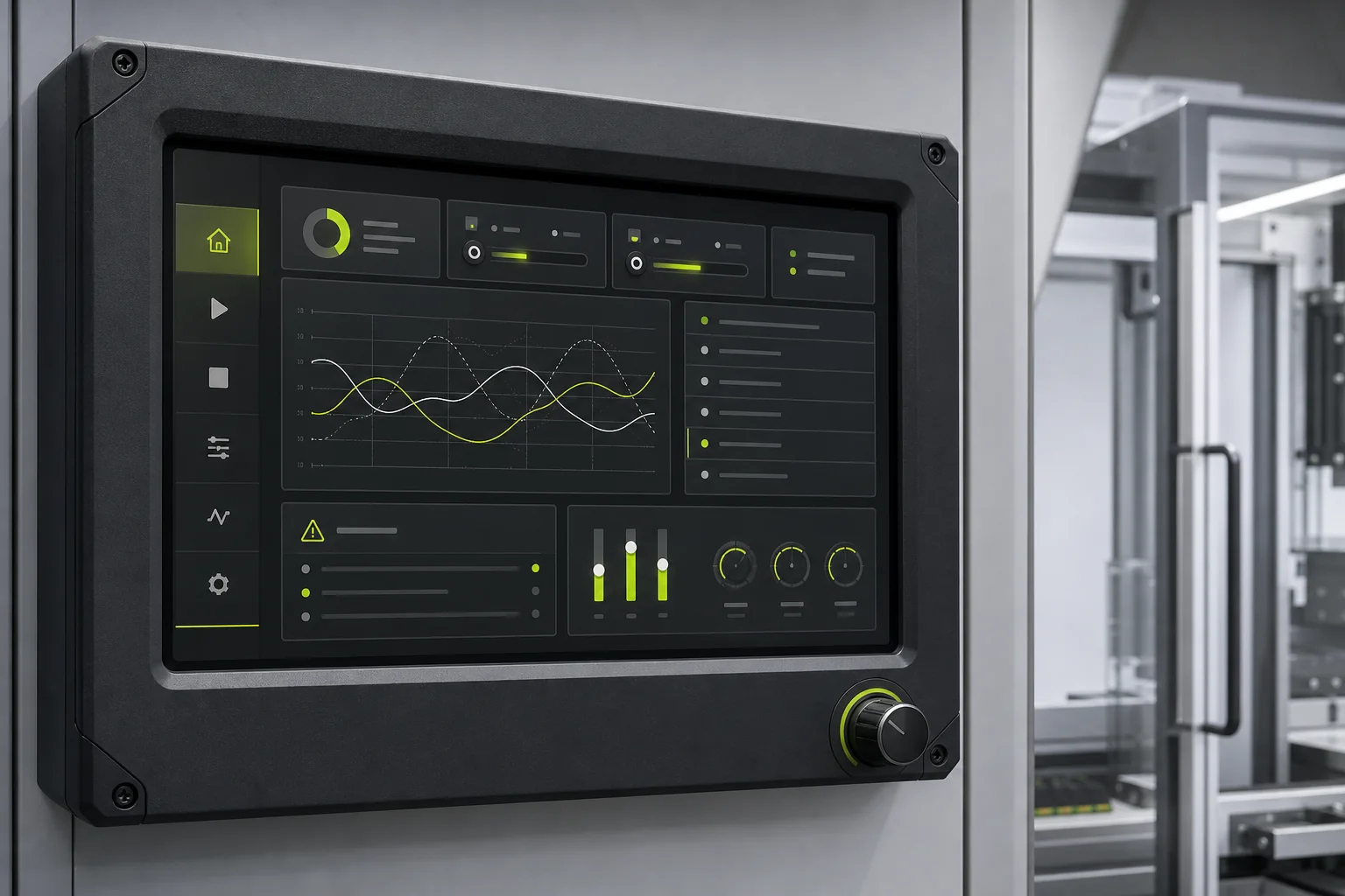 Original rugged industrial controller concept with a landscape dark interface and rotary encoder